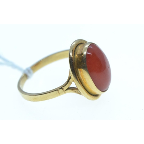 77 - Yellow metal & cabochon coral ring, tests positive for 18ct gold, size L1/2, 3.08 grams