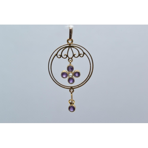 92 - 9ct gold, amethyst & seed pearl pendant, length including bale 41mm, 1.95 grams