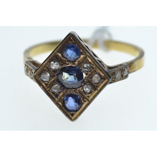 101 - Art Deco sapphire & diamond ring, mount unmarked but tests positive for 18ct gold, size T, 3.55 ... 