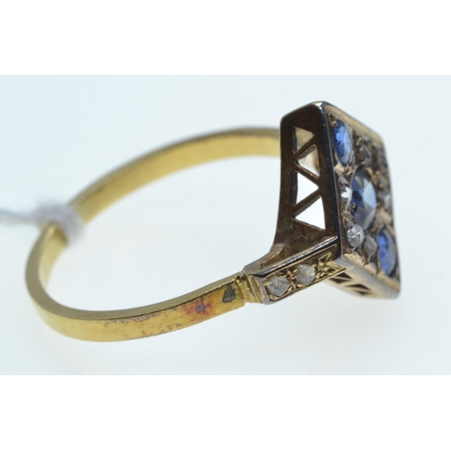 101 - Art Deco sapphire & diamond ring, mount unmarked but tests positive for 18ct gold, size T, 3.55 ... 