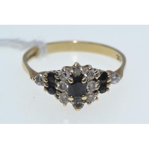 102 - 9ct gold, sapphire & CZ cluster ring, size L, 1.72 grams