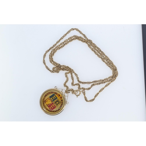 120 - Enamelled Victorian coin pendant & 9ct gold neck chain, pendant mount hallmarked & missing g... 