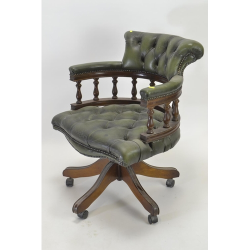 739 - Button backed green leather chesterfield style captains chair