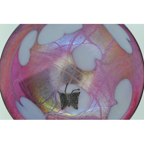 634 - John Ditchfield Glasform iridescent pink glass lily pad paperweight with applied hallmarked silver b... 