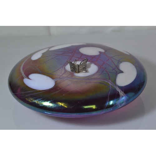 634 - John Ditchfield Glasform iridescent pink glass lily pad paperweight with applied hallmarked silver b... 