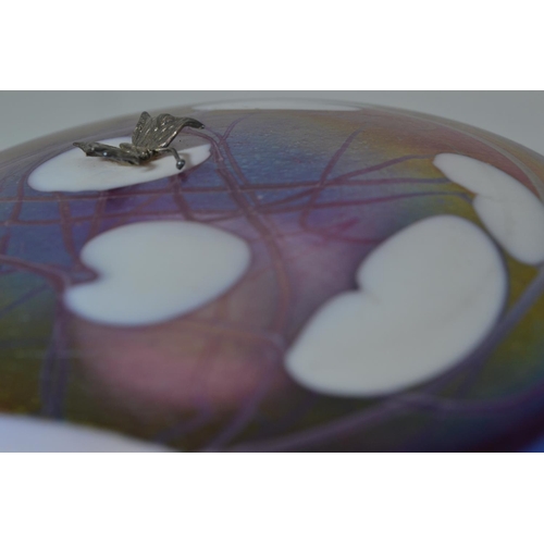 634 - John Ditchfield Glasform iridescent pink glass lily pad paperweight with applied hallmarked silver b... 