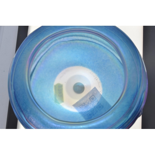 635 - John Ditchfield Glasform iridescent blue glass bowl, etch mark & paper label to base, diame... 