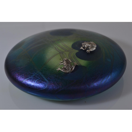 636 - John Ditchfield Glasform iridescent pink glass lily pad paperweight with two applied hallmarked silv... 