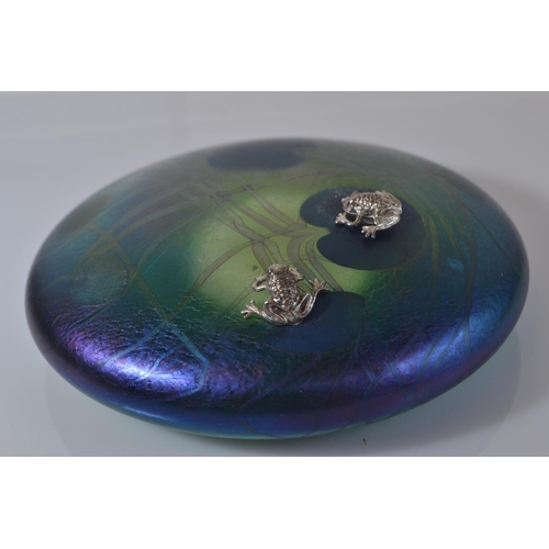 636 - John Ditchfield Glasform iridescent pink glass lily pad paperweight with two applied hallmarked silv... 