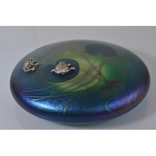 636 - John Ditchfield Glasform iridescent pink glass lily pad paperweight with two applied hallmarked silv... 