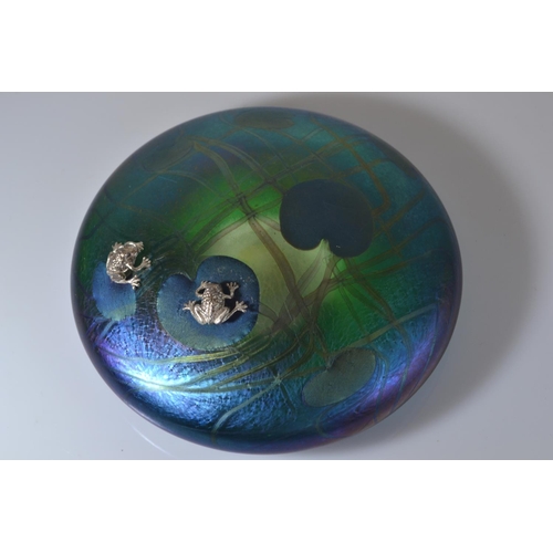 636 - John Ditchfield Glasform iridescent pink glass lily pad paperweight with two applied hallmarked silv... 