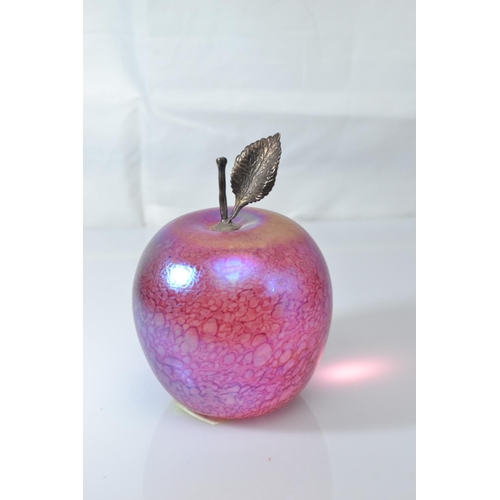 637 - John Ditchfield Glasform iridescent pink glass apple paperweight with hallmarked silver stalk & ... 