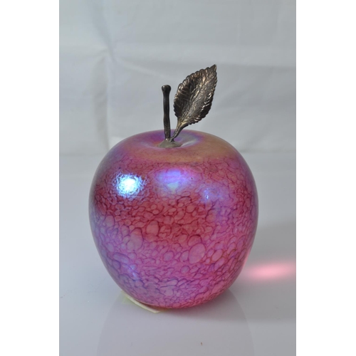 637 - John Ditchfield Glasform iridescent pink glass apple paperweight with hallmarked silver stalk & ... 