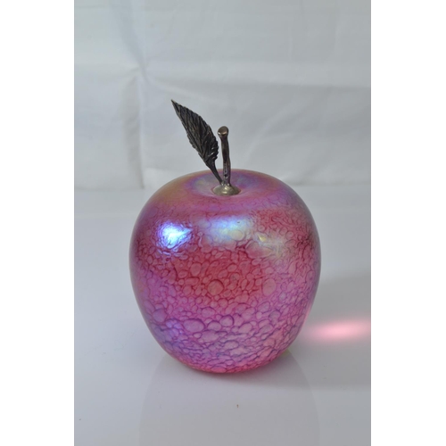 637 - John Ditchfield Glasform iridescent pink glass apple paperweight with hallmarked silver stalk & ... 