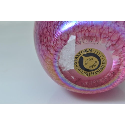 637 - John Ditchfield Glasform iridescent pink glass apple paperweight with hallmarked silver stalk & ... 