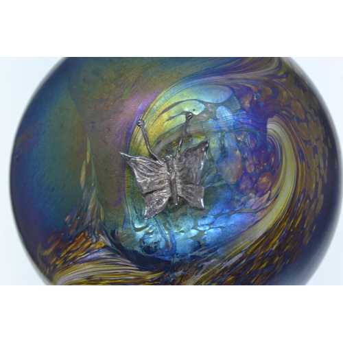 639 - Two John Ditchfield Glasform iridescent glass spherical paperweights with applied hallmarked silver ... 