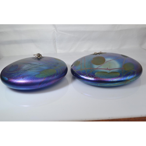 640 - Two John Ditchfield Glasform iridescent glass lily pad paperweights with applied hallmarked silver b... 