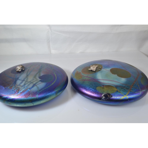 640 - Two John Ditchfield Glasform iridescent glass lily pad paperweights with applied hallmarked silver b... 