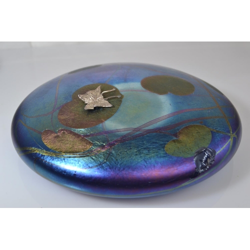 640 - Two John Ditchfield Glasform iridescent glass lily pad paperweights with applied hallmarked silver b... 