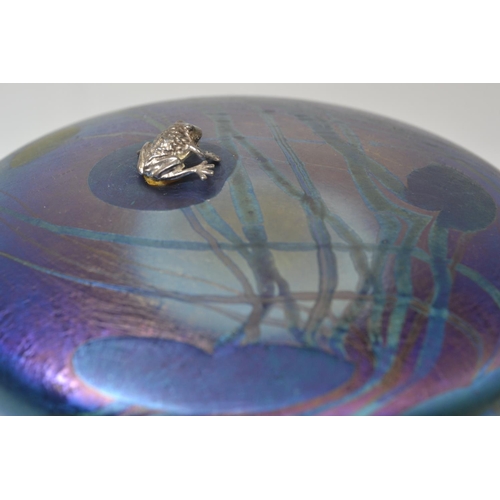 640 - Two John Ditchfield Glasform iridescent glass lily pad paperweights with applied hallmarked silver b... 