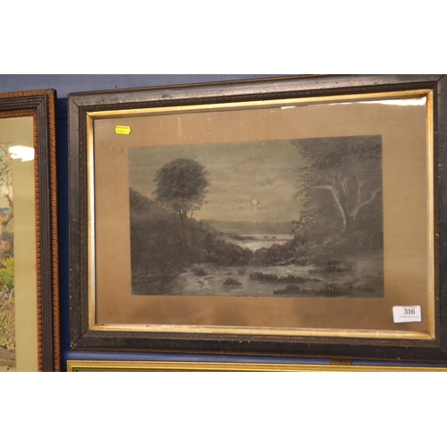 316 - Chalk & charcoal river scene signed M Gard, 39 x 23cm