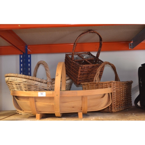 65 - Large trug, 2 wicker bottle baskets & wicker picnic basket