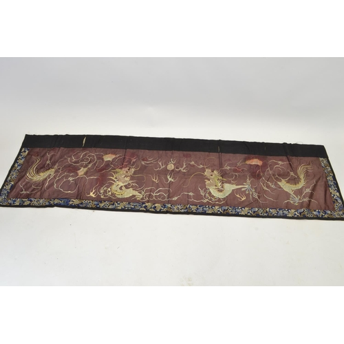 545 - Antique Chinese silk embroidered banner, with plum ground depicting traditional dragons, approx 182c... 