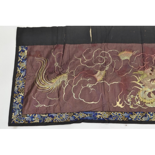 545 - Antique Chinese silk embroidered banner, with plum ground depicting traditional dragons, approx 182c... 