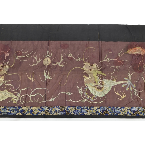 545 - Antique Chinese silk embroidered banner, with plum ground depicting traditional dragons, approx 182c... 