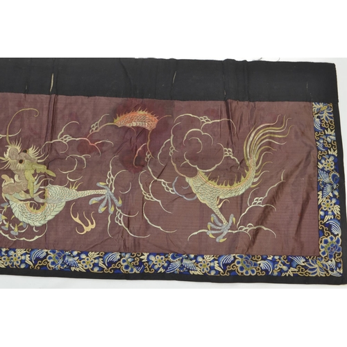 545 - Antique Chinese silk embroidered banner, with plum ground depicting traditional dragons, approx 182c... 