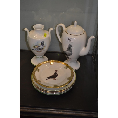 552 - Collection of porcelain with images of pigeons, including coffee pot, vase & six plates, various... 