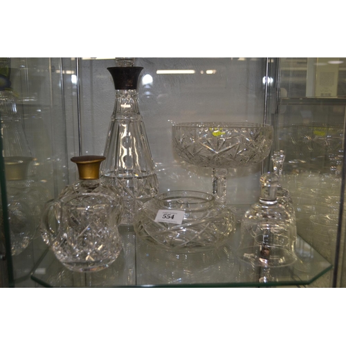 554 - Cut crystal & glass on shelf, including decanter with HM silver collar, footed tazza, x2 table b... 