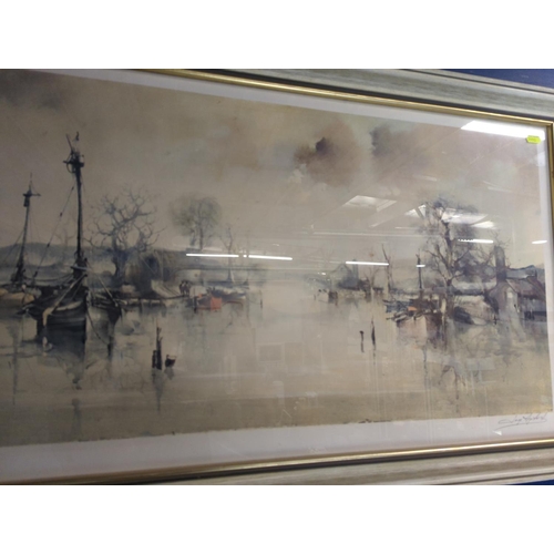 302 - Signed print of boats in harbour, Wide waters By Jorge Aguilar W84cm H45cm 