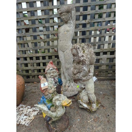 3 - Collection of concrete garden ornaments inc. Gnomes & cherub. Height of tallest: 77cm