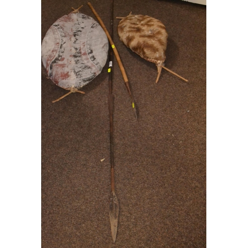 414 - A Maasai Spear and Shield, a Kikuyu Shield & an Ethiopian stabbing spear