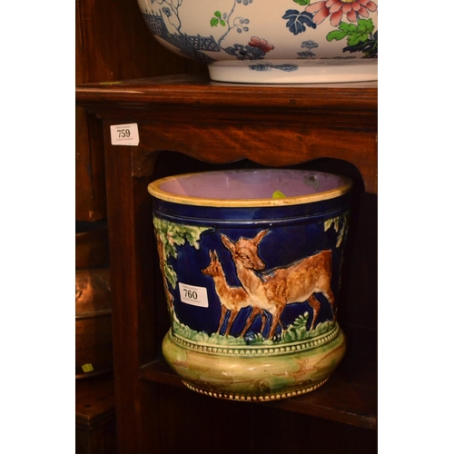 760 - Majolica planter depicting deer and trees H22cm D22cm