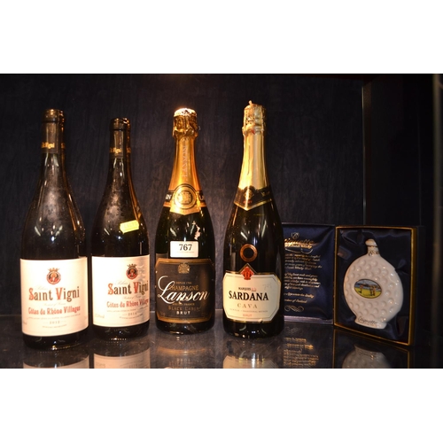 767 - Lanson Black Label Champagne 75cl, Marquis de la Sardana Cava, two bottles of Palais Saint Vigni  an... 