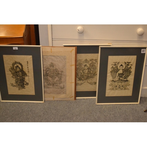 785 - 3 x framed Eastern prints and 1 unframed of Hindu deities on rice paper