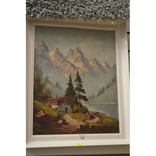 788 - Oil on board of an alpine scene signed by artist 48 x 58cm 