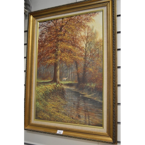 795 - Oil on canvas, signed Nicholas Lewis of a deer in woodland, 59 x 80cm framed