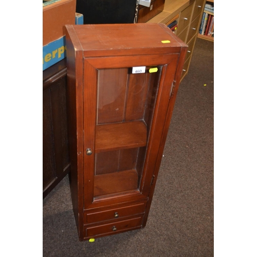 256 - Small glazed topped cabinet with 2 lower drawers. 31.5cm x 18cm deep x 90cm high.