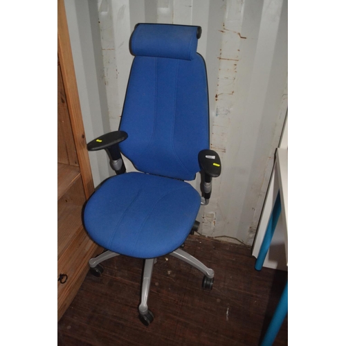 110 - Ergonomic adjustable blue fabric office chair. Clean condition.