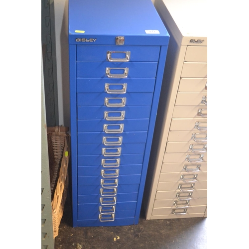 127 - Blue 15 drawer Bisley filing cabinet with A4 suitable size drawers. W28cm D41cm H86cm