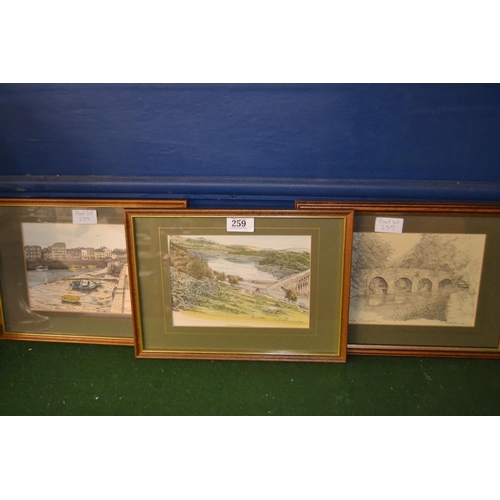 259 - Three artworks of local scenes inc. two hand coloured prints by Chris Robinson, signed, W32cm