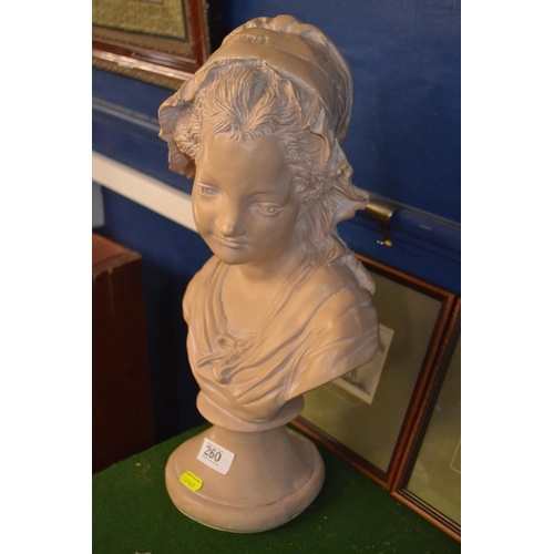 260 - Plaster bust of a young girl in a bonnet, H44cm