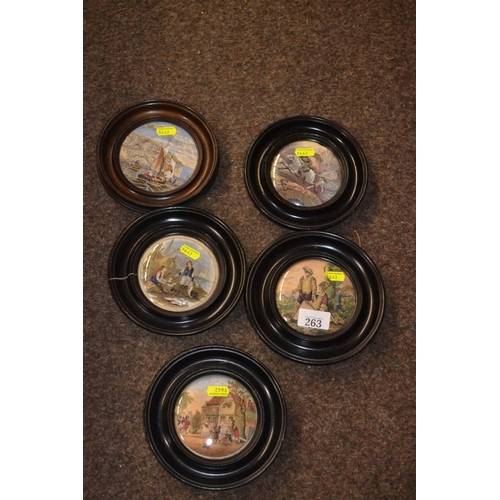 263 - Five framed pot lids, one marked verso 'S Bunger Pegwell Bay NR Ramsgate'