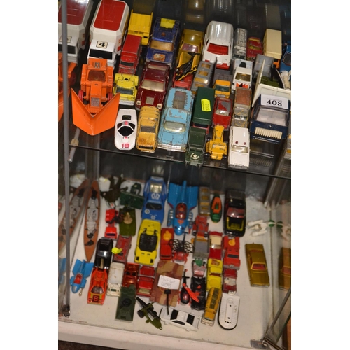 408 - Two shelves of die cast vehicles, including Matchbox & Corgi