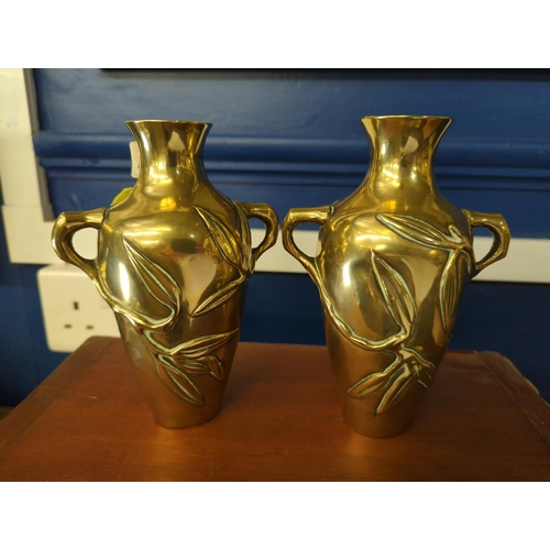 256A - Pair of Japanese brass vases with bamboo design, 16cm height