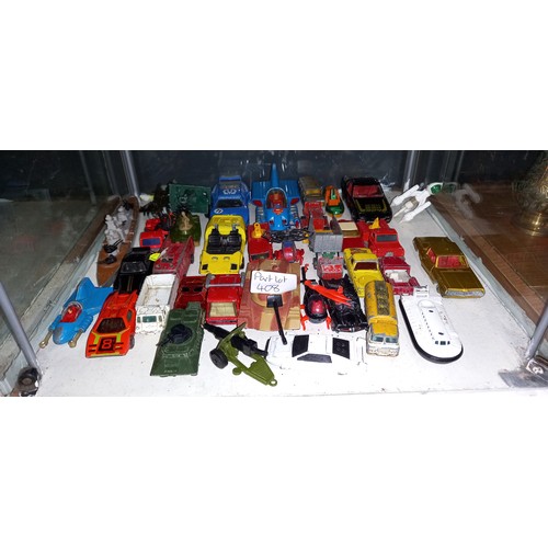 408 - Two shelves of die cast vehicles, including Matchbox & Corgi