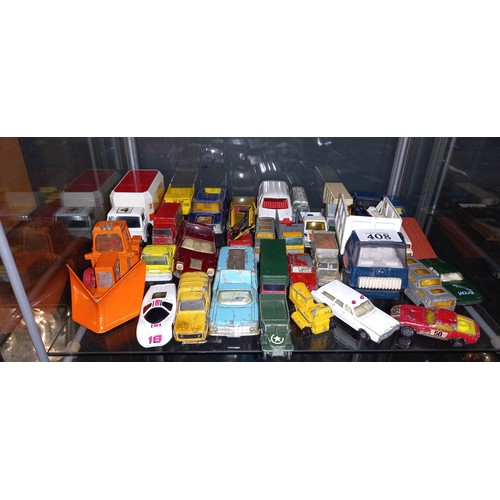 408 - Two shelves of die cast vehicles, including Matchbox & Corgi